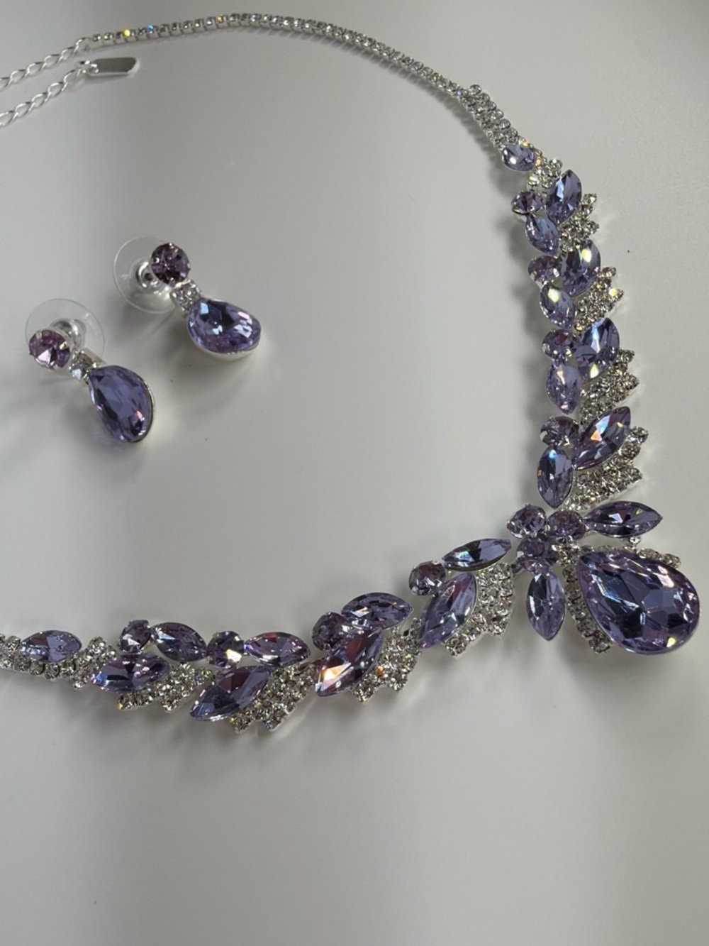 Lavender Crystal Teardrop Necklace and Earring Set - Elegant Women Jewelry